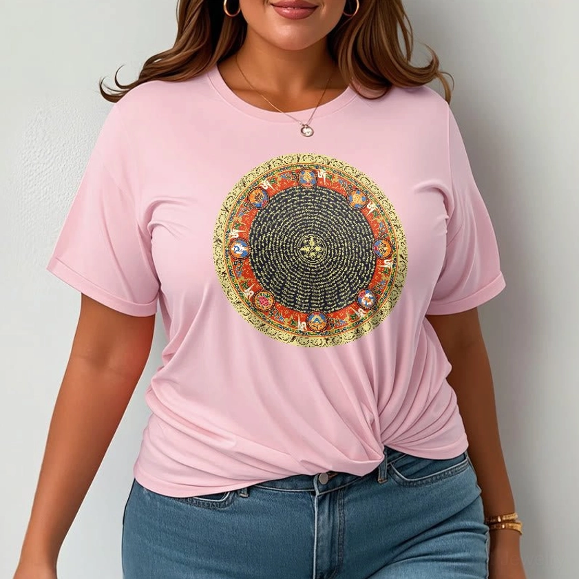Om Mani Padme Hum Buddhist t-shirt multiple colors displayed showing color options and mandala design