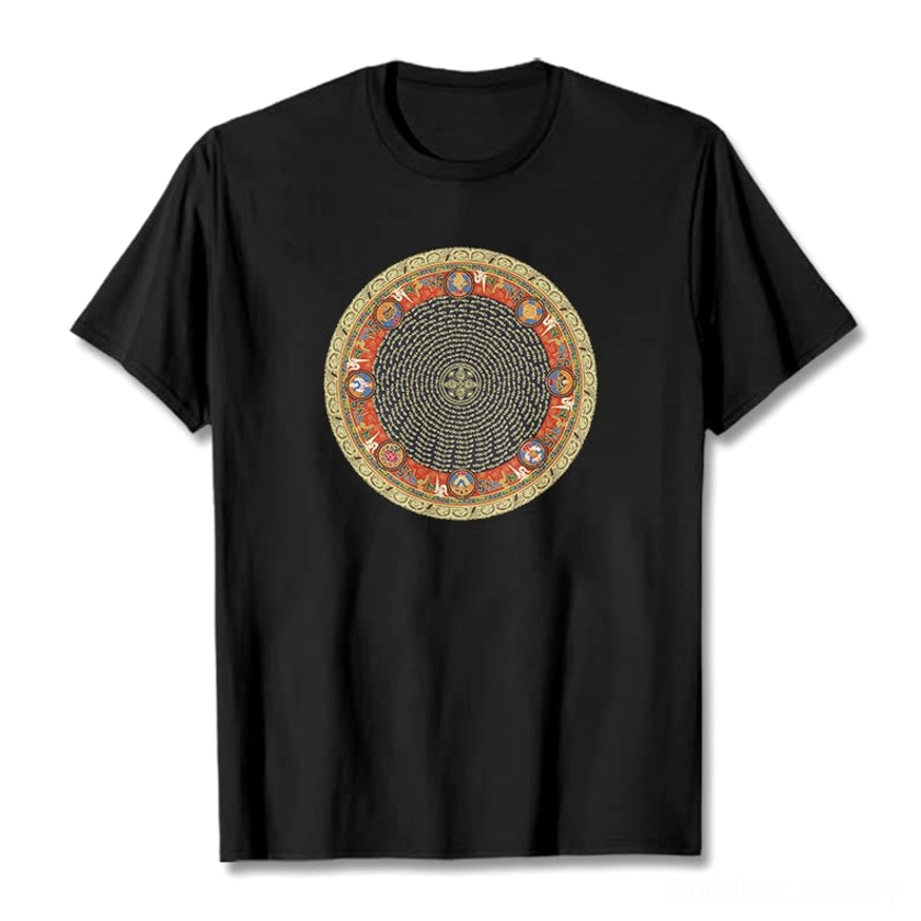 Om Mani Padme Hum mandala t-shirt black flat lay with auspicious symbols print