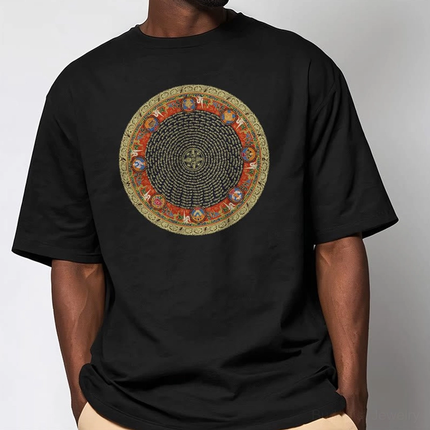 Man wearing black Buddhist spiritual t-shirt with Om Mani Padme Hum mandala design front view
