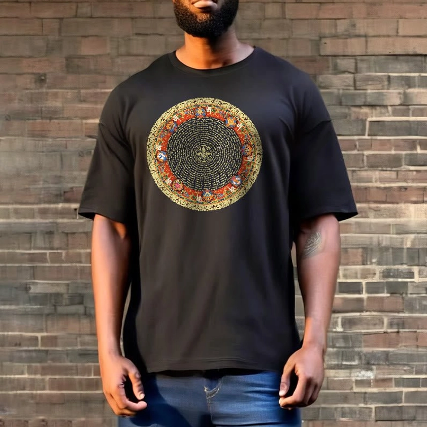 Male model in black Buddhist mantra t-shirt with eight auspicious symbols mandala design street style