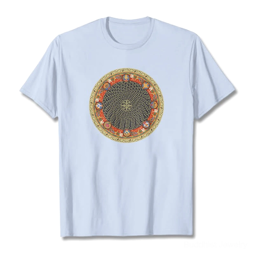 Om Mani Padme Hum mandala t-shirt light blue flat lay with white sacred mantra and auspicious symbols