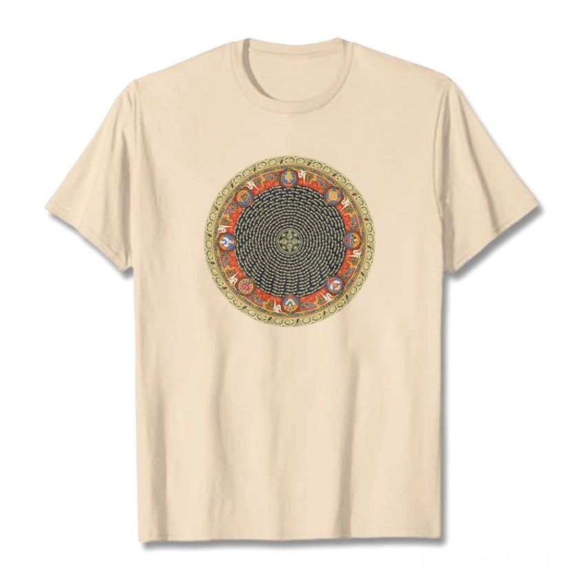 Buddhist spiritual mandala t-shirt featuring Om Mani Padme Hum sacred mantra and auspicious symbols