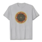 Om Mani Padme Hum mandala t-shirt flat lay heather gray with circular Buddhist design and eight auspicious symbols