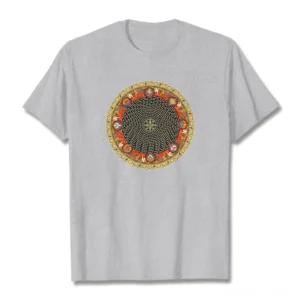 Om Mani Padme Hum mandala t-shirt flat lay heather gray with circular Buddhist design and eight auspicious symbols