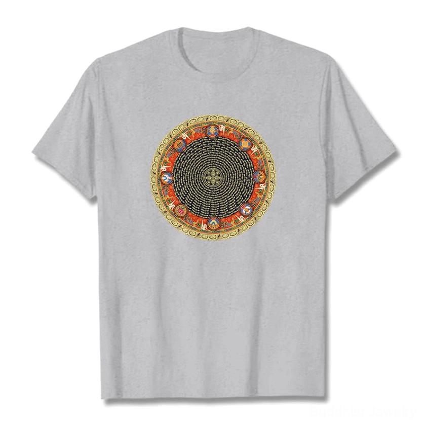 Om Mani Padme Hum mandala t-shirt flat lay heather gray with circular Buddhist design and eight auspicious symbols