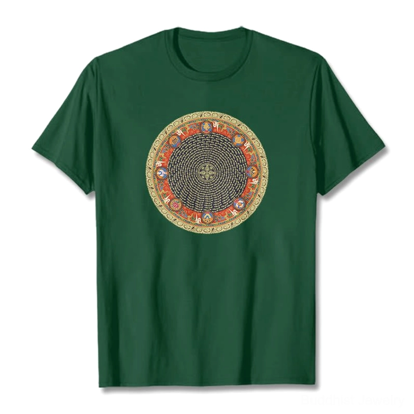Om Mani Padme Hum Buddhist mandala t-shirt dark green front view with white mantra print