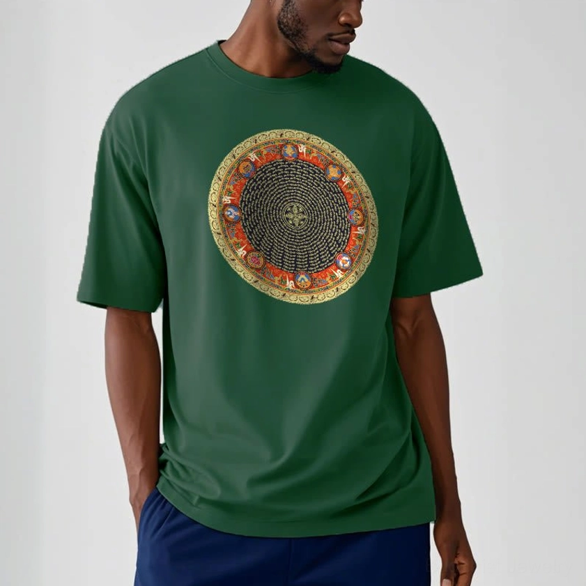 Man wearing dark green Buddhist mantra t-shirt with Om Mani Padme Hum circular mandala design on chest