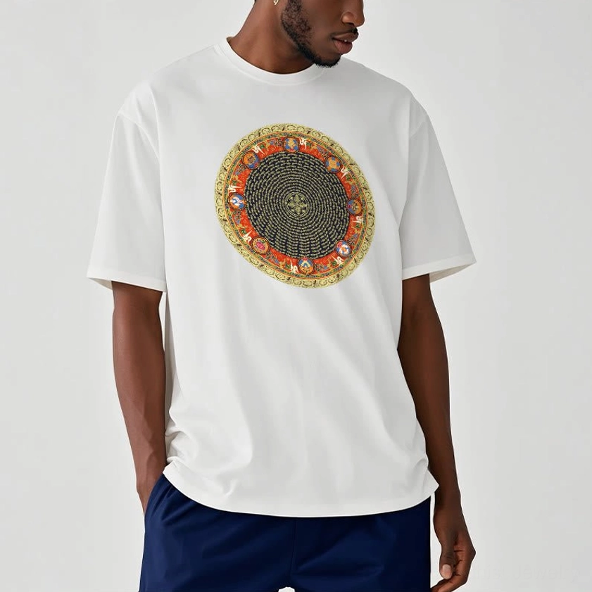 Man styled wearing dark green Om Mani Padme Hum mandala spiritual t-shirt with mantra design