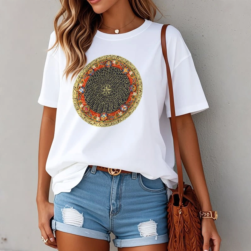 Buddhist t-shirt with Om Mani Padme Hum sacred mantra and eight auspicious symbols mandala