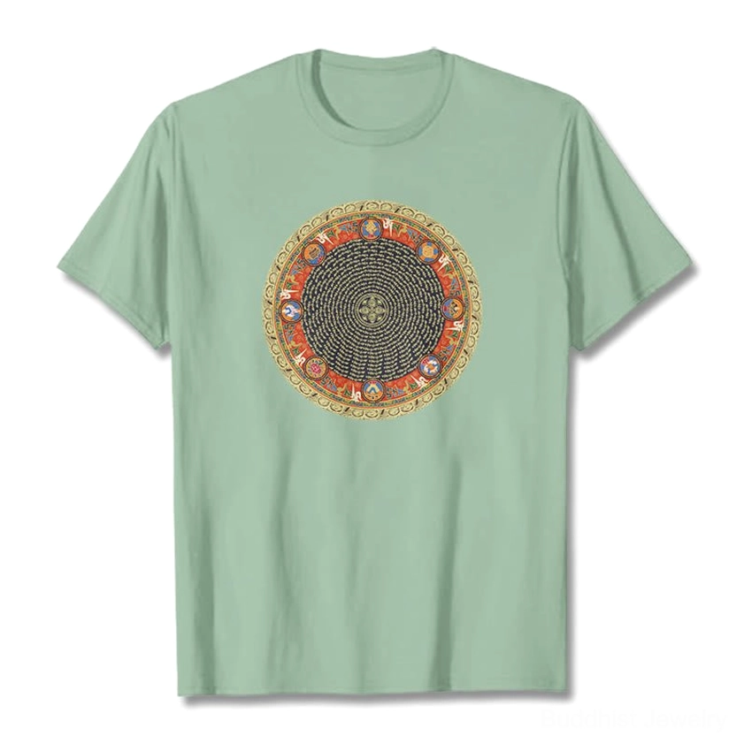 Om Mani Padme Hum mandala t-shirt light pink color with circular Buddhist design and white print