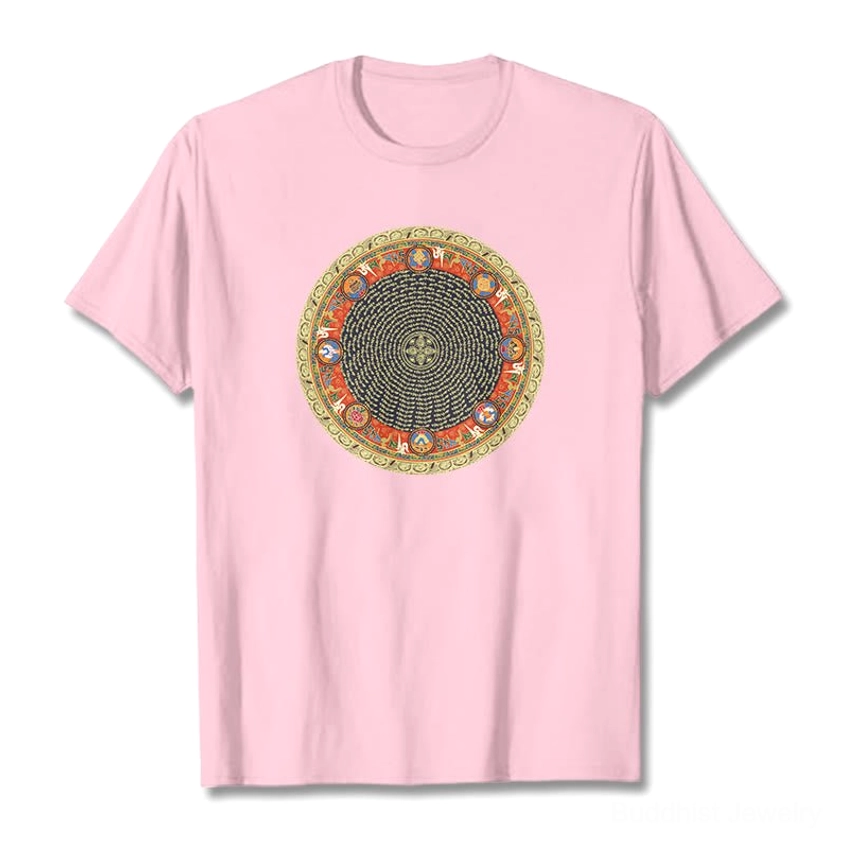 Woman wearing light pink Om Mani Padme Hum mandala t-shirt with eight auspicious symbols