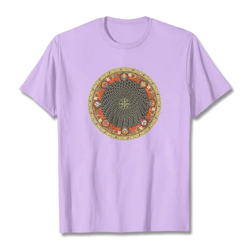 Om Mani Padme Hum mandala t-shirt plum color flat lay with sacred Buddhist symbols print