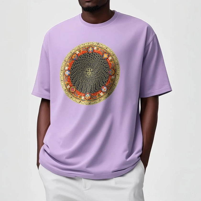 Unisex Buddhist mandala t-shirt with Om Mani Padme Hum sacred Sanskrit mantra circular design