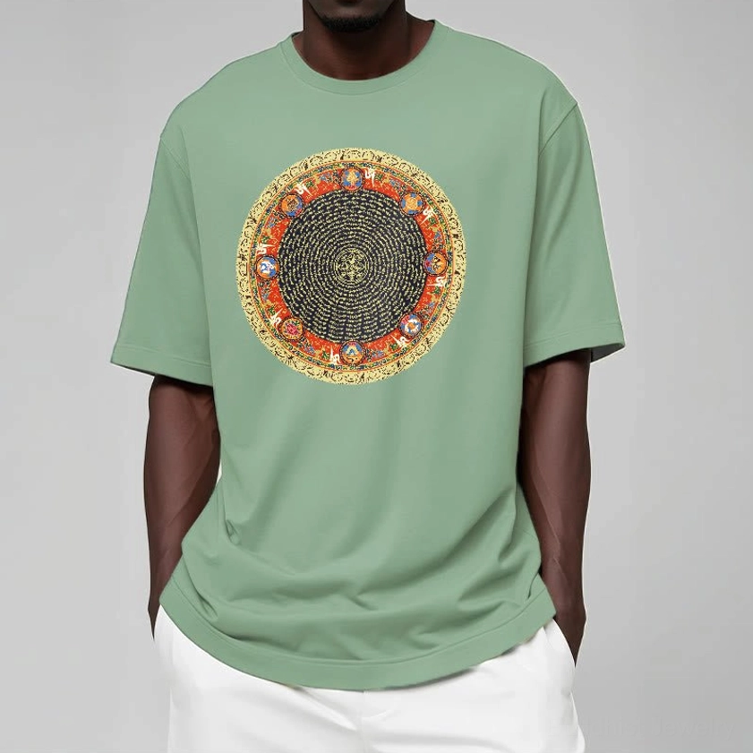 Buddhist spiritual t-shirt featuring Om Mani Padme Hum mantra and eight auspicious symbols design