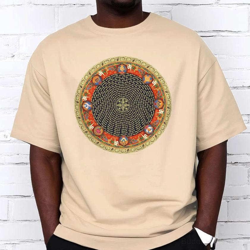 Premium cotton Buddhist t-shirt with Om Mani Padme Hum circular mandala design on white background