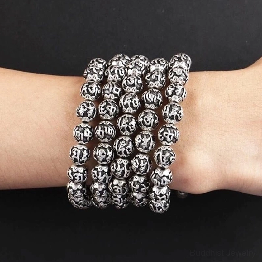Om Mani Padme Hum mantra bracelet with premium alloy beads and guru clasp for meditation and mindfulness