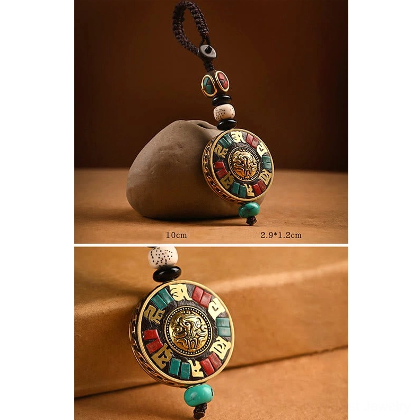 Sacred Om Mani Padme Hum mantra keychain with Sanskrit engraved pendant and colorful enamel details