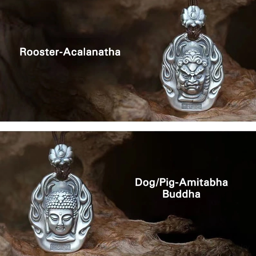 Buddhist Om Mani Padme Hum pendant back engraving detail, showing sacred mantra on silver zodiac pendant necklace