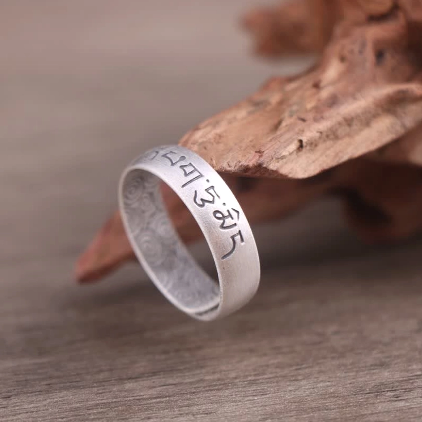 Om Mani Padme Hum mantra sterling silver ring with hand-engraved six true words Sanskrit characters