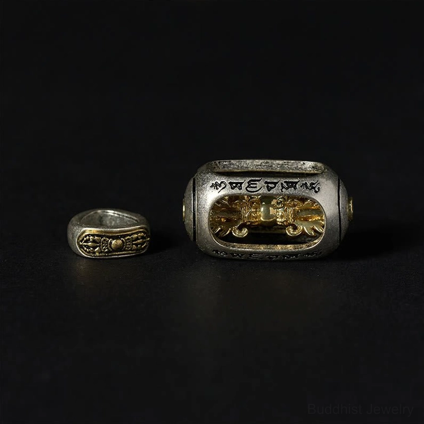 Metal Om Mani Padme Hum charm beads in copper alloy showing engraved sacred Buddhist mantra text
