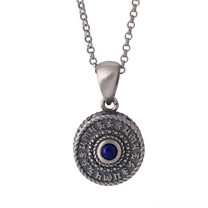 Thumbnail view of mini Om Mani Padme Hum cylindrical silver pendant with lapis lazuli stone and silver bail, compact Buddhist jewelry design