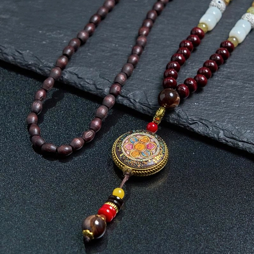 Full length Buddhist wood bead mala necklace with Om Mani Padme Hum pendant, spiritual jewelry