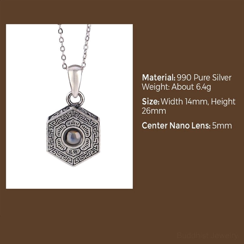 990 Sterling Silver Om Mani Padme Hum Buddhist Projection Necklace with Product Specifications - Size and Weight Information