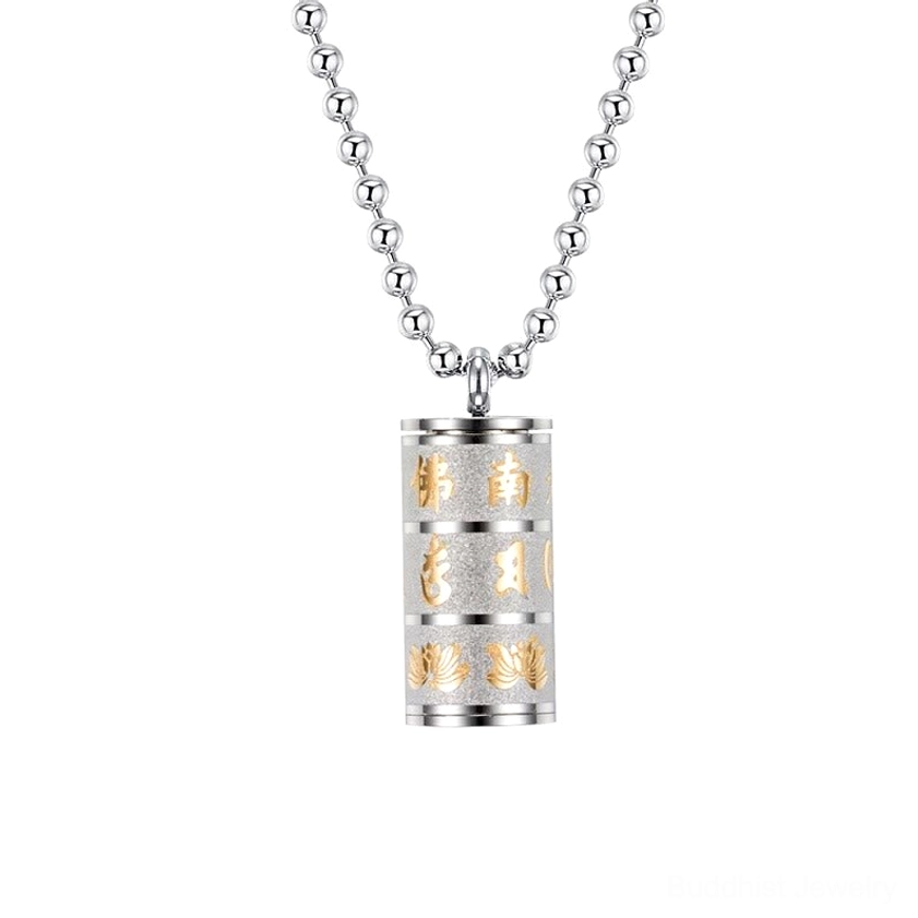 Silvery titanium steel Om Mani Padme Hum prayer wheel pendant necklace with hand-engraved Buddhist mantra and lotus flower patterns, front hanging view against black background