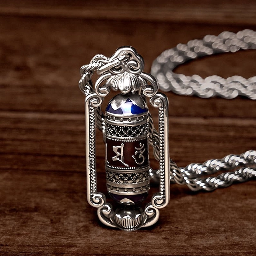 Om Mani Padme Hum copper pendant necklace wrapped display showing full length and chain design