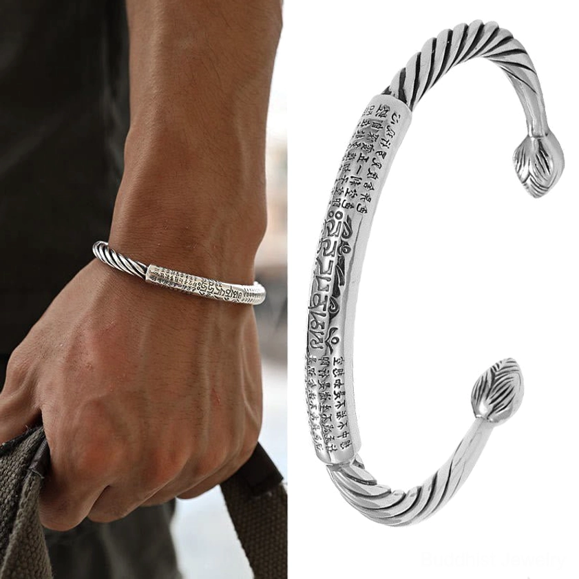 Open-end Om Mani Padme Hum cuff bracelet in sustainable copper material, hand-engraved Buddhist mantra for daily intention and mindful living