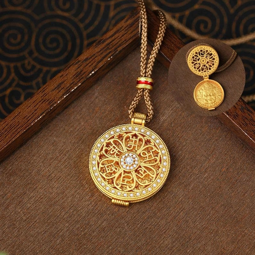 Buddhist openable pendant necklace with oblique top-down angle showing detailed mantra pattern, inset close-up reveals openable back compartment design