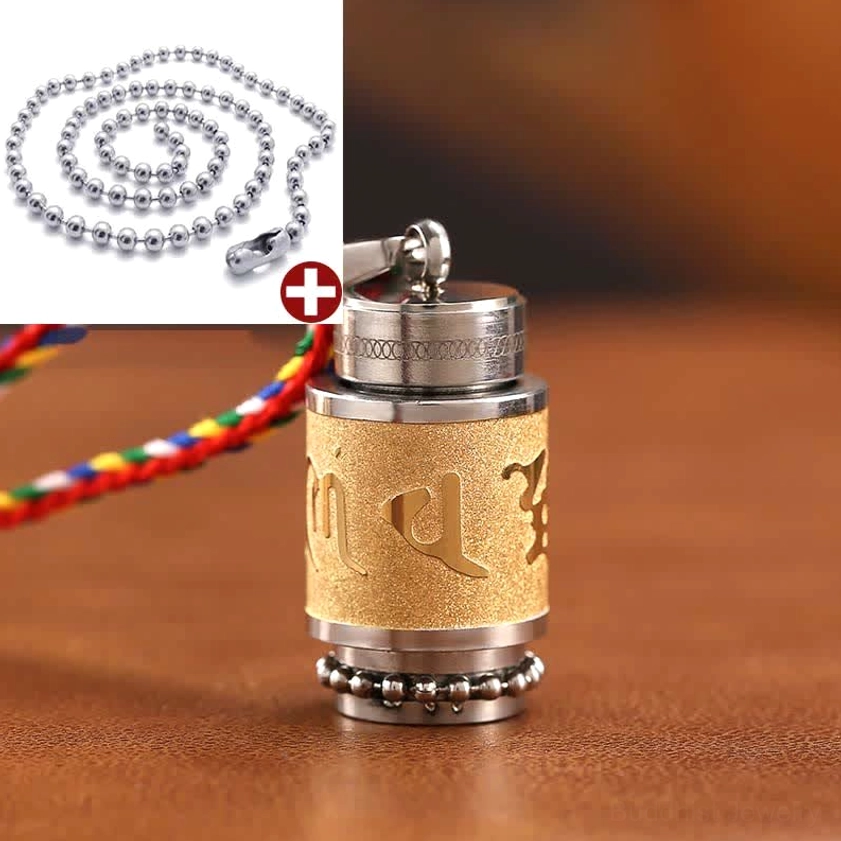 Om Mani Padme Hum amulet with decorative bead chain and colorful woven string combination option