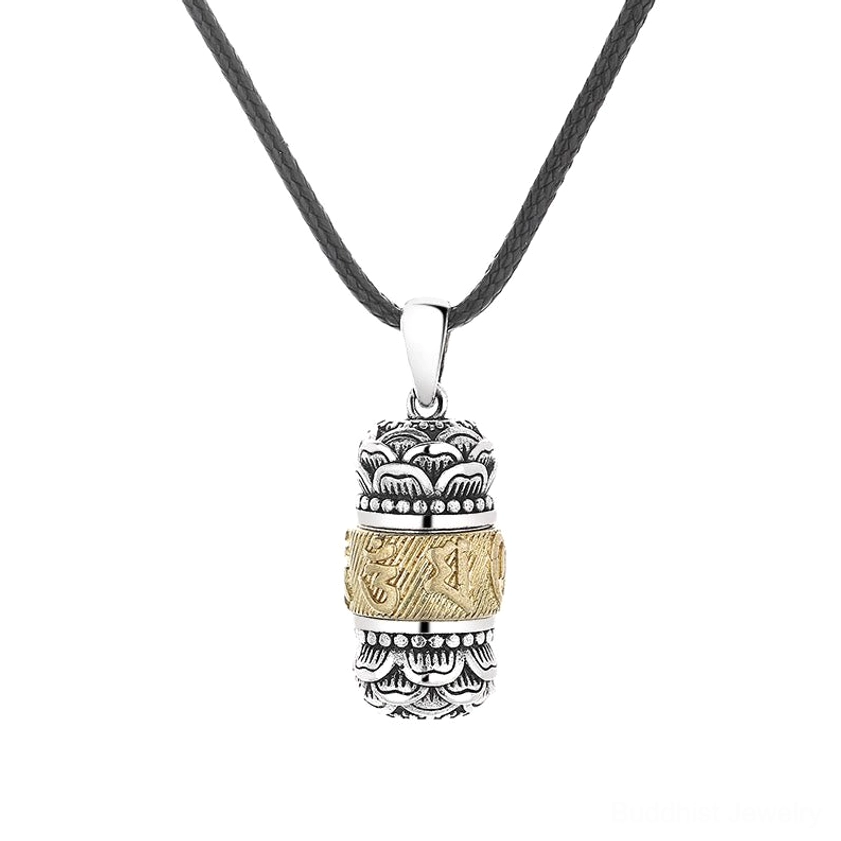Om Mani Padme Hum cylindrical pendant - silver and gold two-tone finish with detailed mantra carving