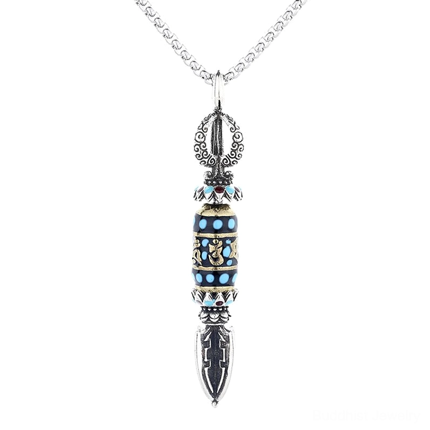 Om Mani Padme Hum Buddhist pendant with full enamel inlay in turquoise style and detailed retro silver work