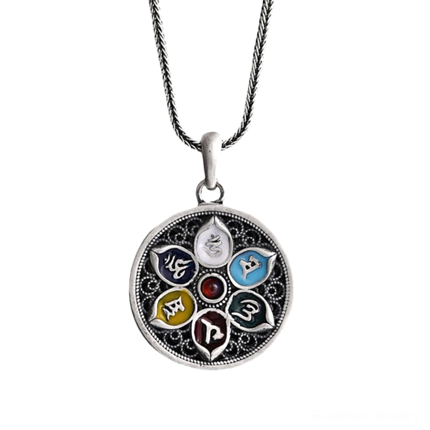 Om Mani Padme Hum Buddhist mantra pendant necklace showing authentic handcrafted vintage silver design