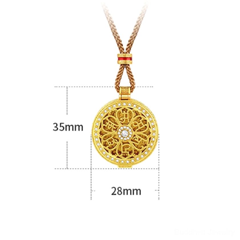 Om Mani Padme Hum pendant size specification chart with dimension markers showing 35mm x 28mm measurements on white background