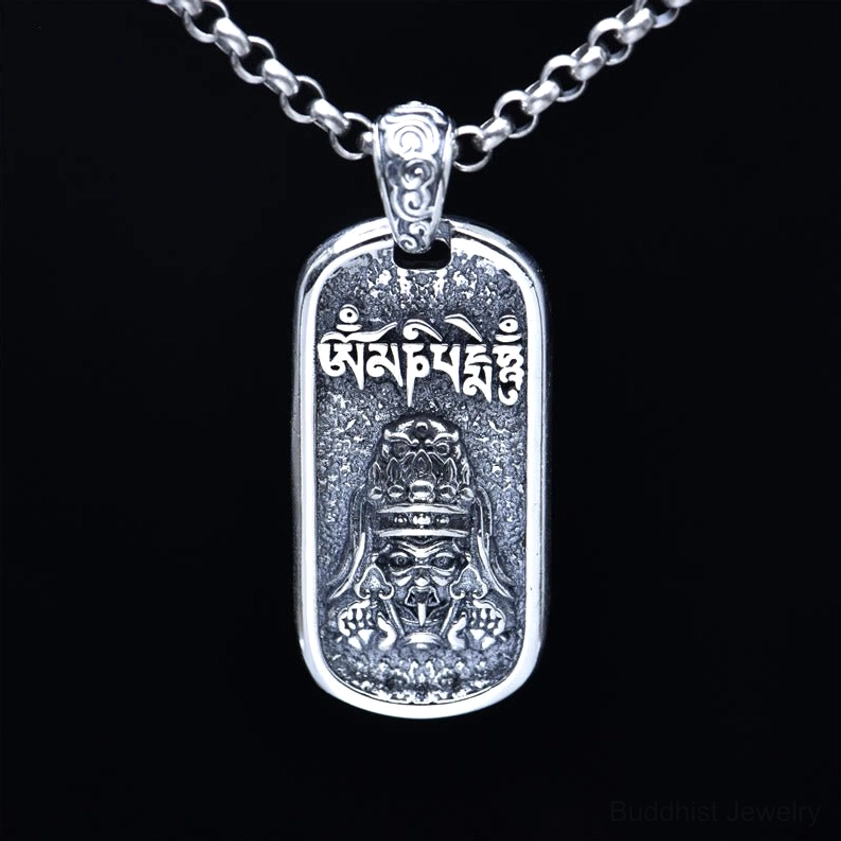 Om Mani Padme Hum silver pendant necklace with polished edges and clear Sanskrit mantra engraving