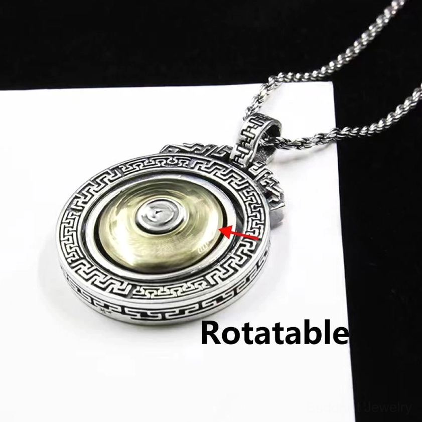 Om Mani Padme Hum rotatable pendant with red rotation arrow showing dynamic meditation feature