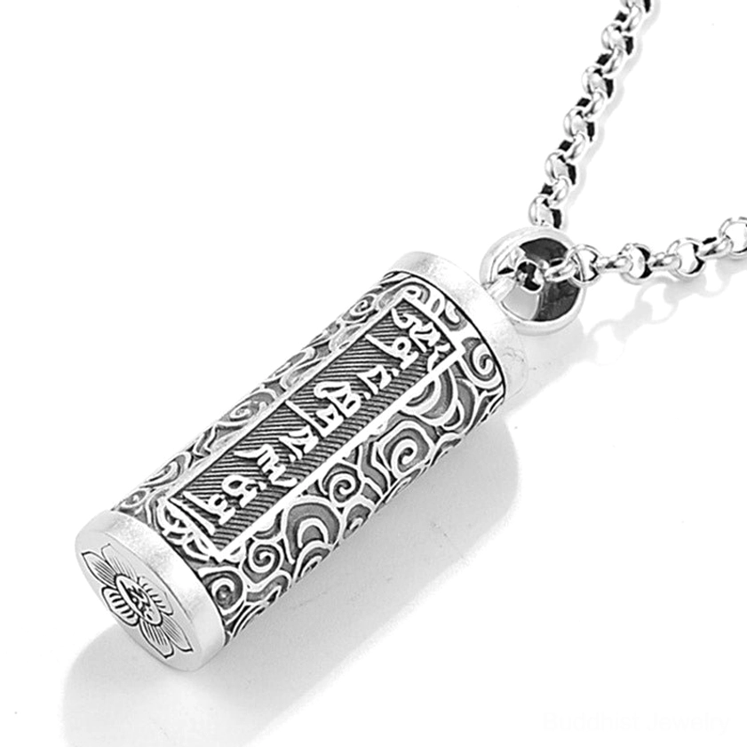 Om Mani Padme Hum cylinder pendant side profile - flower end cap and dense cloud wrap patterns with antique silver finish
