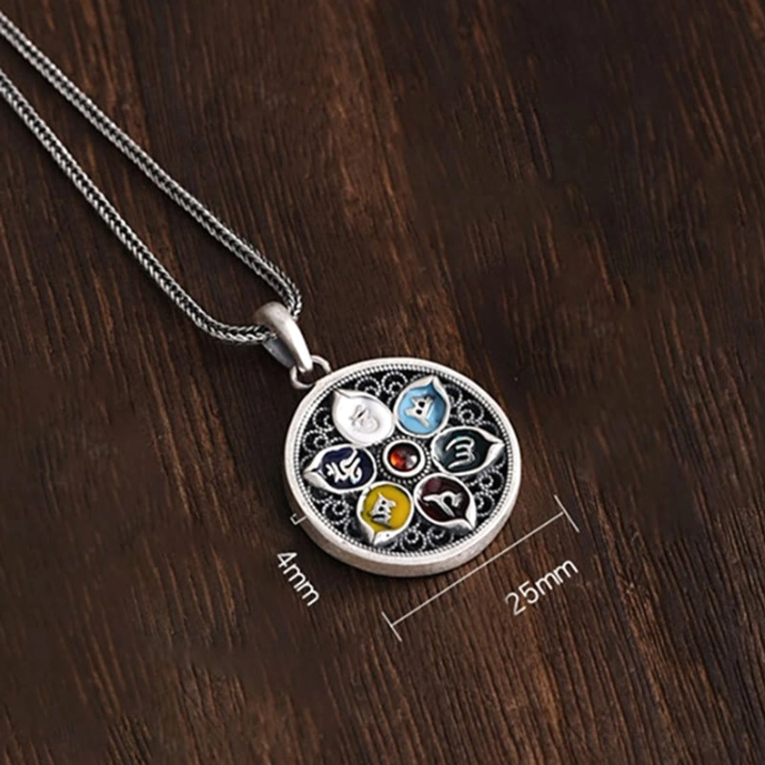 Om Mani Padme Hum pendant necklace with size dimensions labeled 25mm width and 4mm thickness