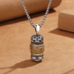 Om Mani Padme Hum Buddhist pendant necklace - hand-carved copper with intricate mantra script and lotus motif details