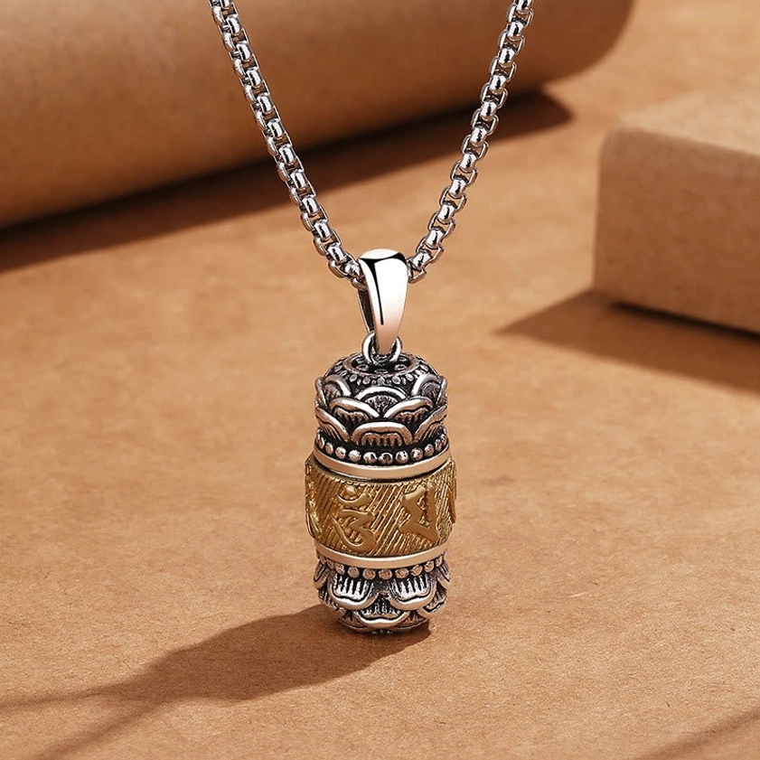 Om Mani Padme Hum Buddhist pendant necklace - hand-carved copper with intricate mantra script and lotus motif details