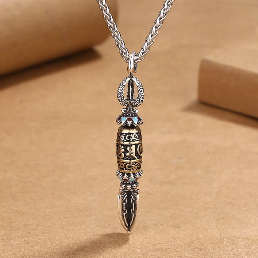 Om Mani Padme Hum two-tone Buddhist pendant with engraved mantras and silver-gilt finish, front view