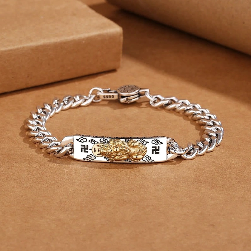 Om Mani Padme Hum copper Pixiu swastika spring buckle bracelet - side view showing intricate charm details