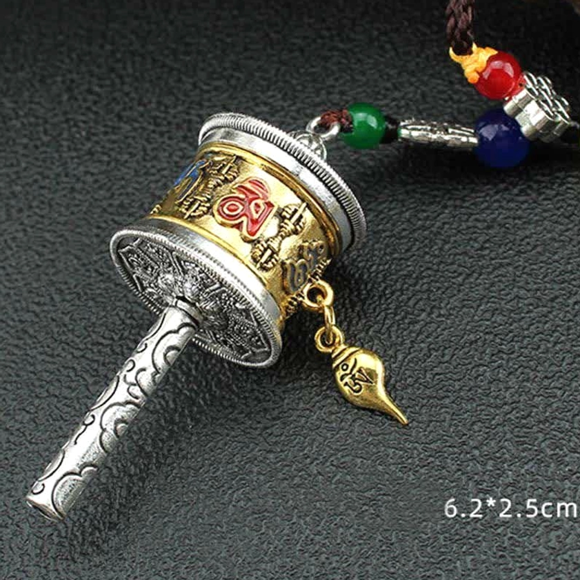Dual-tone Om Mani Padme Hum prayer wheel 6.2 x 2.5cm with dangling charm tassel