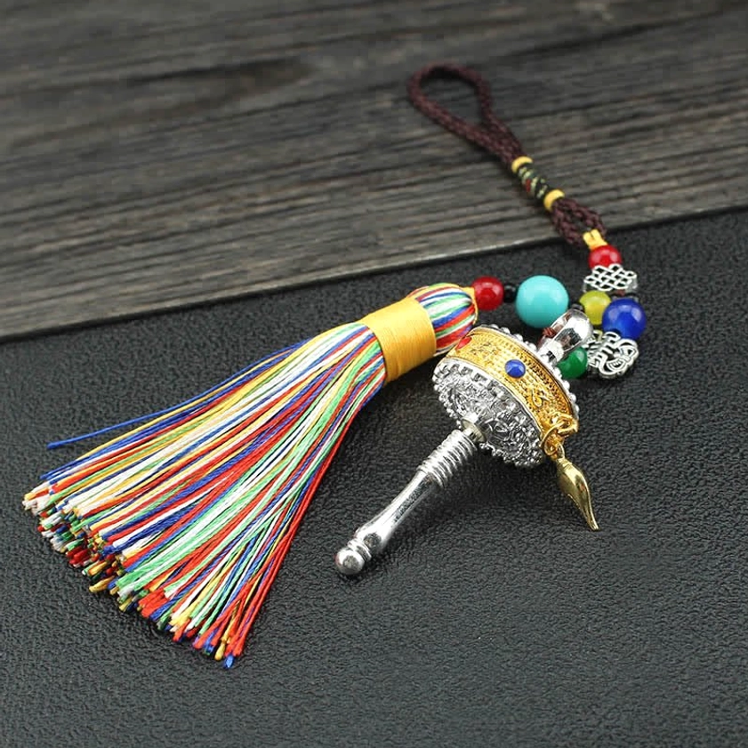 Om Mani Padme Hum prayer wheel 6cm x 2.4cm size variant with beaded tassel