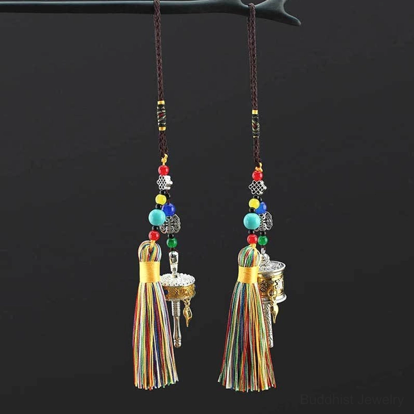 Om Mani Padme Hum prayer wheel tassel car hanging decoration with colorful beaded accents
