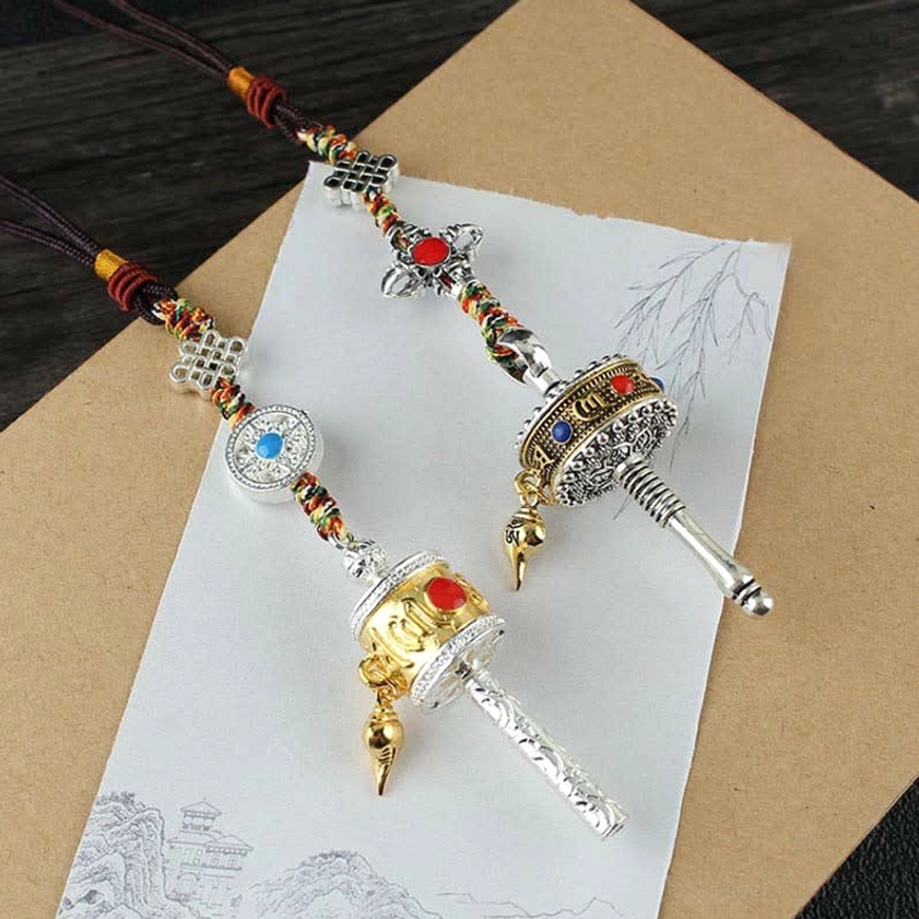 Om Mani Padme Hum Buddhist prayer wheel sacred mantra hanging pendant - meditation and spiritual practice tool