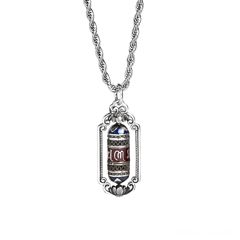 Om Mani Padme Hum prayer wheel pendant necklace central front view with single-tone engraved cylinder and ornate silver frame