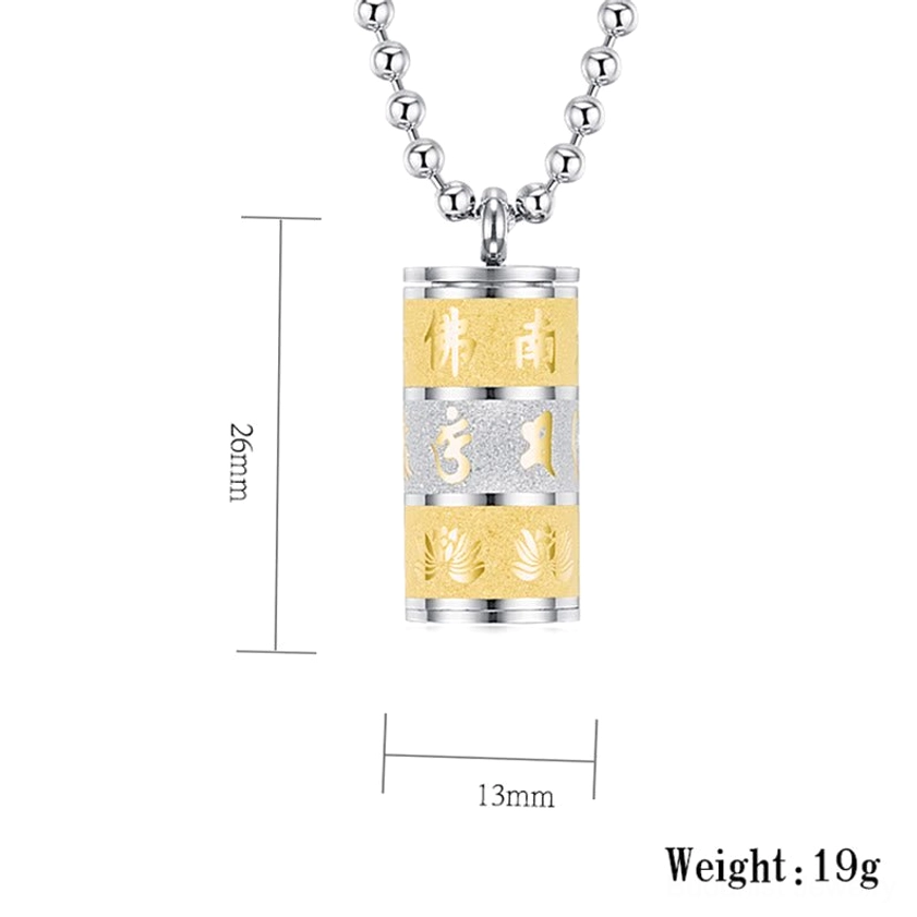 Om Mani Padme Hum pendant size specification chart displaying dimensions 26mm × 13mm and weight 19g on white background for product reference